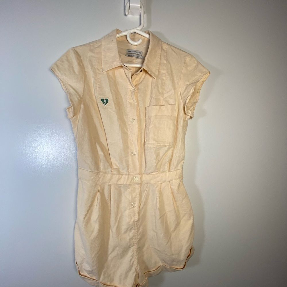Urban Outfitters Cream Button-Front Romper With Green Heart